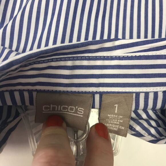 Chicos Shirt Womens Medium Blue White Stripe Button Down Floral Embroidery - Picture 5 of 10